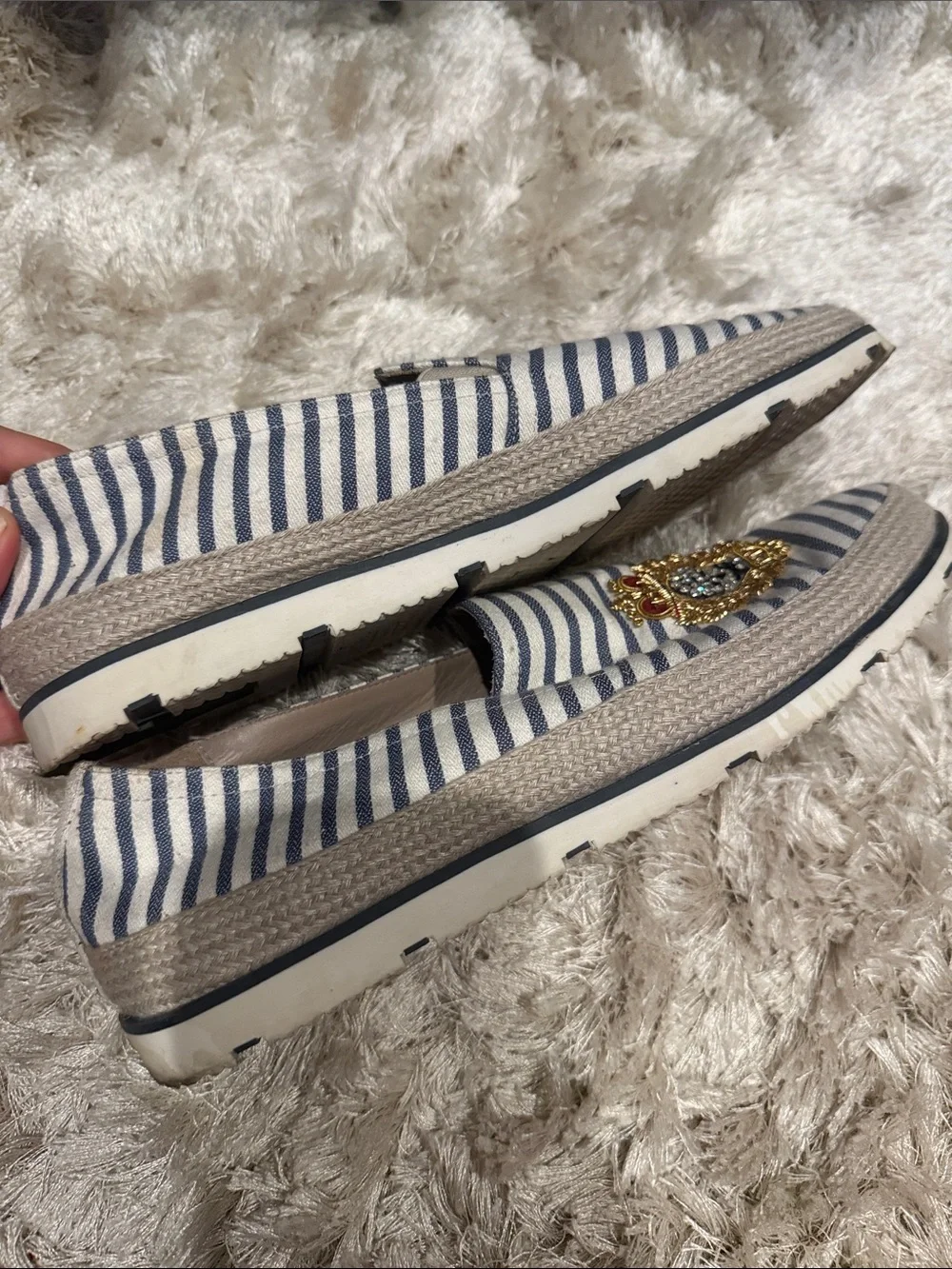 Donald J. Pliner Navy and White Striped Embellished Slip-On Loafers